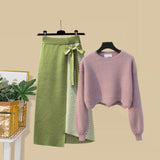 Plus Size Women Autumn Winter Warm Knitted Two Pieces Sets Korean Long Sleeve Pullover Sweater Top And High Waist Skirts Sets