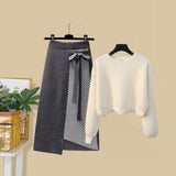 Plus Size Women Autumn Winter Warm Knitted Two Pieces Sets Korean Long Sleeve Pullover Sweater Top And High Waist Skirts Sets