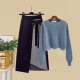 Plus Size Women Autumn Winter Warm Knitted Two Pieces Sets Korean Long Sleeve Pullover Sweater Top And High Waist Skirts Sets