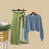 Plus Size Women Autumn Winter Warm Knitted Two Pieces Sets Korean Long Sleeve Pullover Sweater Top And High Waist Skirts Sets