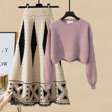 Plus Size Women Autumn Winter Warm Knitted Two Pieces Sets Korean Long Sleeve Pullover Sweater Top And High Waist Skirts Sets