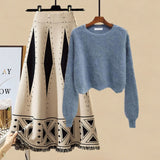 Plus Size Women Autumn Winter Warm Knitted Two Pieces Sets Korean Long Sleeve Pullover Sweater Top And High Waist Skirts Sets
