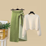 Plus Size Women Autumn Winter Warm Knitted Two Pieces Sets Korean Long Sleeve Pullover Sweater Top And High Waist Skirts Sets