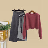 Plus Size Women Autumn Winter Warm Knitted Two Pieces Sets Korean Long Sleeve Pullover Sweater Top And High Waist Skirts Sets