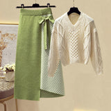 Plus Size Women Autumn Winter Warm Knitted Two Pieces Sets Korean Long Sleeve Pullover Sweater Top And High Waist Skirts Sets