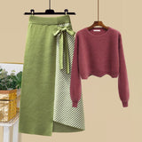Plus Size Women Autumn Winter Warm Knitted Two Pieces Sets Korean Long Sleeve Pullover Sweater Top And High Waist Skirts Sets