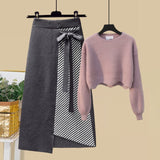 Plus Size Women Autumn Winter Warm Knitted Two Pieces Sets Korean Long Sleeve Pullover Sweater Top And High Waist Skirts Sets