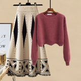 Plus Size Women Autumn Winter Warm Knitted Two Pieces Sets Korean Long Sleeve Pullover Sweater Top And High Waist Skirts Sets