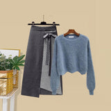 Plus Size Women Autumn Winter Warm Knitted Two Pieces Sets Korean Long Sleeve Pullover Sweater Top And High Waist Skirts Sets