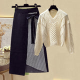 Plus Size Women Autumn Winter Warm Knitted Two Pieces Sets Korean Long Sleeve Pullover Sweater Top And High Waist Skirts Sets