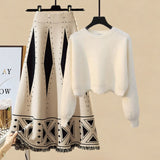 Plus Size Women Autumn Winter Warm Knitted Two Pieces Sets Korean Long Sleeve Pullover Sweater Top And High Waist Skirts Sets