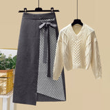 Plus Size Women Autumn Winter Warm Knitted Two Pieces Sets Korean Long Sleeve Pullover Sweater Top And High Waist Skirts Sets