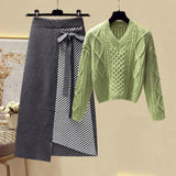 Plus Size Women Autumn Winter Warm Knitted Two Pieces Sets Korean Long Sleeve Pullover Sweater Top And High Waist Skirts Sets