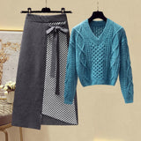 Plus Size Women Autumn Winter Warm Knitted Two Pieces Sets Korean Long Sleeve Pullover Sweater Top And High Waist Skirts Sets