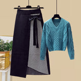 Plus Size Women Autumn Winter Warm Knitted Two Pieces Sets Korean Long Sleeve Pullover Sweater Top And High Waist Skirts Sets