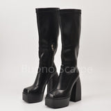 Punk Style Platform Boots Elastic Microfiber Shoes Woman Spice Ankle Boots High Heels Black Thick Platform Long Knee High Boots