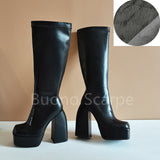 Punk Style Platform Boots Elastic Microfiber Shoes Woman Spice Ankle Boots High Heels Black Thick Platform Long Knee High Boots