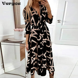 Autumn Elegant Shirt Dress Women Button Long Sleeve Tunic Midi Dress Ladies Office V Neck Print Party Dresses For Women