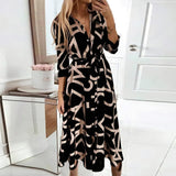 Autumn Elegant Shirt Dress Women Button Long Sleeve Tunic Midi Dress Ladies Office V Neck Print Party Dresses For Women
