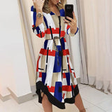 Autumn Elegant Shirt Dress Women Button Long Sleeve Tunic Midi Dress Ladies Office V Neck Print Party Dresses For Women