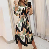 Autumn Elegant Shirt Dress Women Button Long Sleeve Tunic Midi Dress Ladies Office V Neck Print Party Dresses For Women