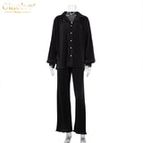 Clacive Causal Loose Home Suit Autumn Long Sleeve Blouse With High Wasit Pants Set Women Elegant Pleated Beige 2 Piece Pant Sets