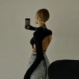 Sexy Zebra Printed Backless O-Neck Long Sleeve Crop Top