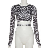 Sexy Zebra Printed Backless O-Neck Long Sleeve Crop Top