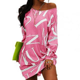 Women Dress Letters Print Hip Hop Long T Shirt Loose Casual Streetwear Long Sleeve O Neck Dress for Party Plus Size