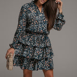 Women Cascading Ruffle Floral Dress Flowers Print Autumn V Neck Green Short Dress Elegant Long Sleeve Cake Party Dresses