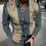 Fashion Striped Print Patchwork Shirts Men Casual Turn-down Collar Buttoned Long Sleeve Cardigan Tops Men Streetwear