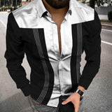 Fashion Striped Print Patchwork Shirts Men Casual Turn-down Collar Buttoned Long Sleeve Cardigan Tops Men Streetwear