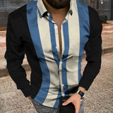 Fashion Striped Print Patchwork Shirts Men Casual Turn-down Collar Buttoned Long Sleeve Cardigan Tops Men Streetwear