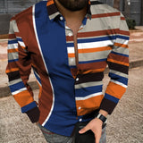 Fashion Striped Print Patchwork Shirts Men Casual Turn-down Collar Buttoned Long Sleeve Cardigan Tops Men Streetwear