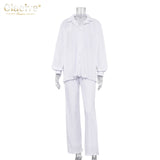 Clacive Causal Loose Home Suit Autumn Long Sleeve Blouse With High Wasit Pants Set Women Elegant Pleated Beige 2 Piece Pant Sets