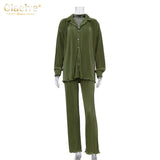 Clacive Causal Loose Home Suit Autumn Long Sleeve Blouse With High Wasit Pants Set Women Elegant Pleated Beige 2 Piece Pant Sets