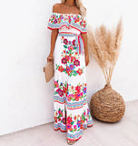 Summer Print Vintage Long Dresses For Women Sexy Off-Shoulder Ruffle Fashion Boho Party Maxi Dress