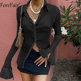 Forefair 2021 Autumn Women Sexy T Shirts Vintage Fashion V Neck Button Y2k See Through White Casual Long Sleeve Top Ladies