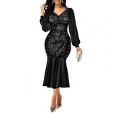 Sexy Formal Bodycon Dress Sequin V Neck Women Shiny Long Sleeve