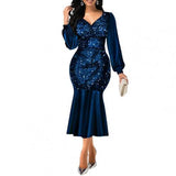 Sexy Formal Bodycon Dress Sequin V Neck Women Shiny Long Sleeve