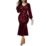 Sexy Formal Bodycon Dress Sequin V Neck Women Shiny Long Sleeve