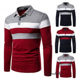 Mens Casual Three-Color Stitching Lapel Shirts Long Sleeve Warm Stretch Slim Basic Shirt Striped Print Shirt For Autumn S -2XL