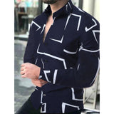 New Geometric Print Shirts Men Fashion Turn-down Collar Buttoned Casual Long Sleeve Cardigan Streetwear