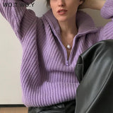 WOTWOY Knitted Zipper Polo Sweater