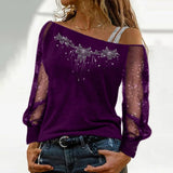 Lace Blouse Women Sexy Long Sleeves Skew Collar Off Shoulder Patchwork Tee Tops Casual Autumn Elegant Diamond Blousas
