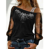Lace Blouse Women Sexy Long Sleeves Skew Collar Off Shoulder Patchwork Tee Tops Casual Autumn Elegant Diamond Blousas