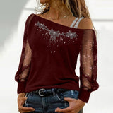 Lace Blouse Women Sexy Long Sleeves Skew Collar Off Shoulder Patchwork Tee Tops Casual Autumn Elegant Diamond Blousas