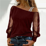 Lace Blouse Women Sexy Long Sleeves Skew Collar Off Shoulder Patchwork Tee Tops Casual Autumn Elegant Diamond Blousas