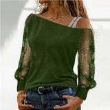 Lace Blouse Women Sexy Long Sleeves Skew Collar Off Shoulder Patchwork Tee Tops Casual Autumn Elegant Diamond Blousas