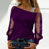Lace Blouse Women Sexy Long Sleeves Skew Collar Off Shoulder Patchwork Tee Tops Casual Autumn Elegant Diamond Blousas